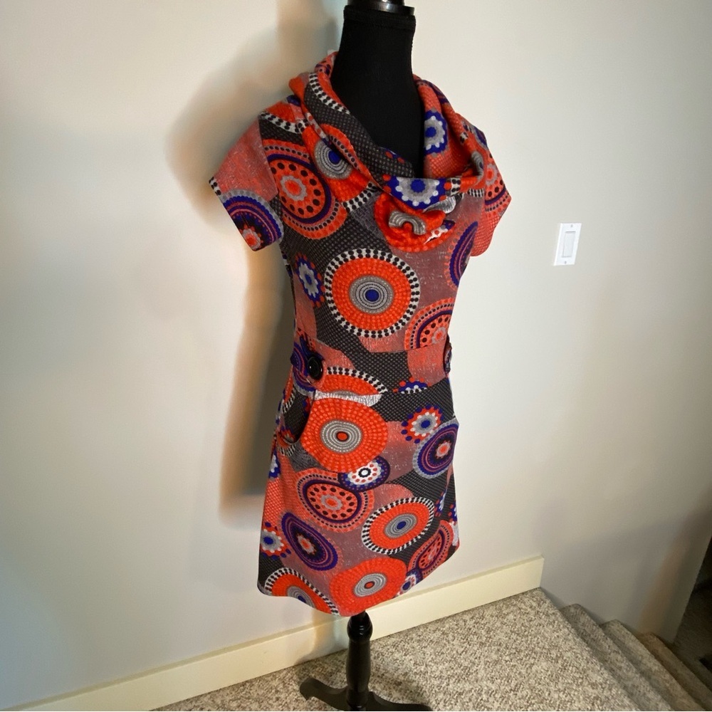 Geometric Pattern Mod Mini Dress 60’s Go-Go Cowl Neck Vintage Style Small - Picture 11 of 13